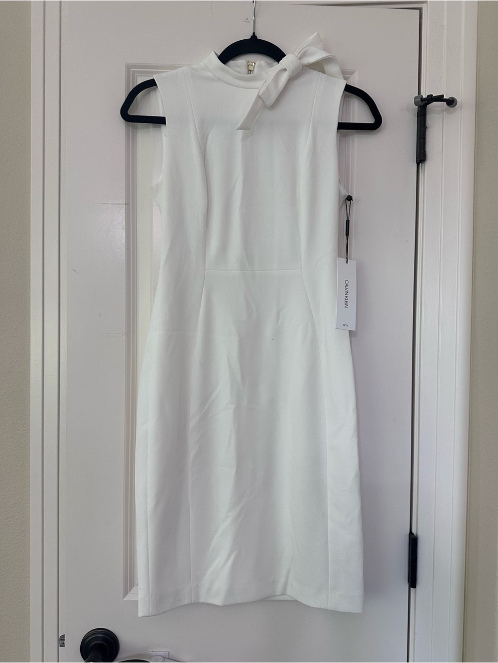 Calvin Klein White Sleeveless Midi Dress with Bow Neck